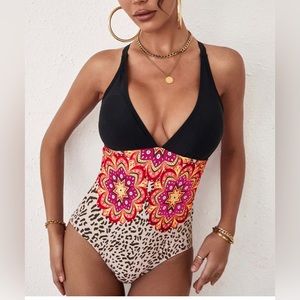 Women's Black & Red Leopard Floral Deep V-Neck One-Piece